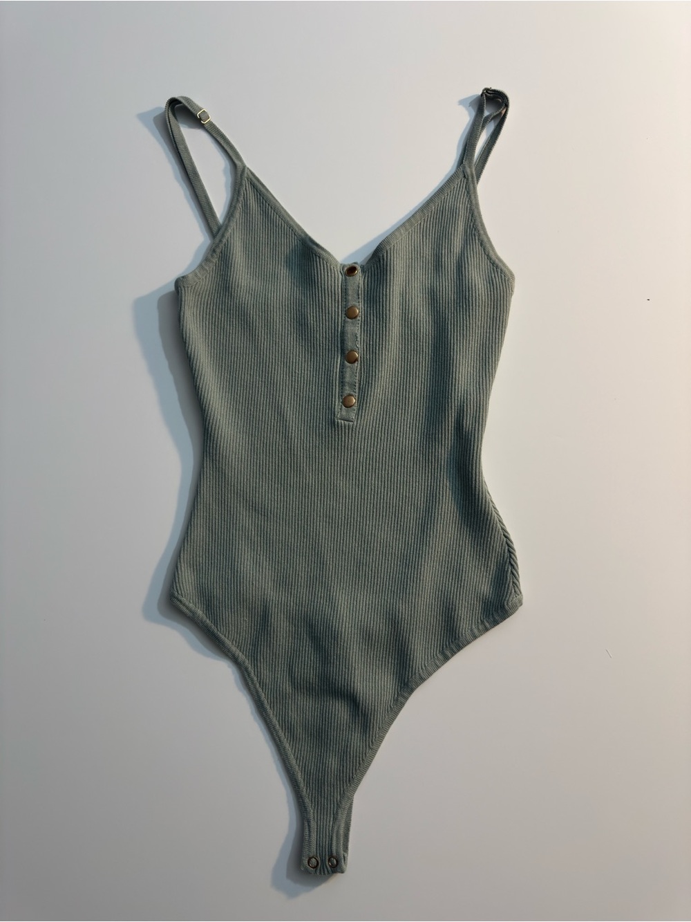 Womens Ribbed Button-Front One-Piece Bodysuit in Sage Green